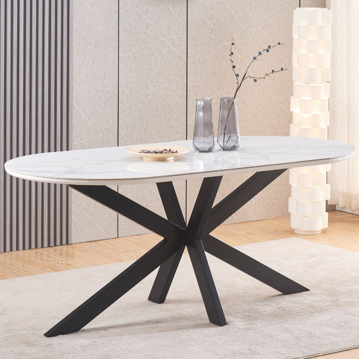 Table à Manger Manon – 200x90 Cm – Céramique Marbre Blanc et Pied Métal Noir