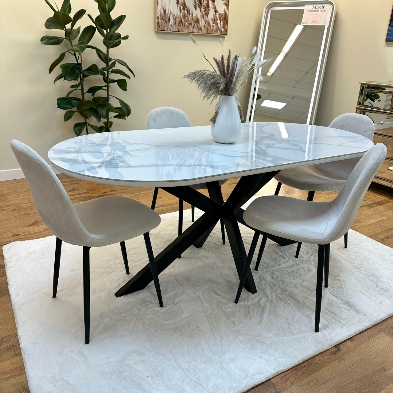 Table à Manger Manon – 200x90 Cm – Céramique Marbre Blanc et Pied Métal Noir