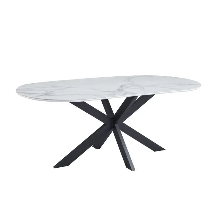 Table à Manger Manon – 200x90 Cm – Céramique Marbre Blanc et Pied Métal Noir